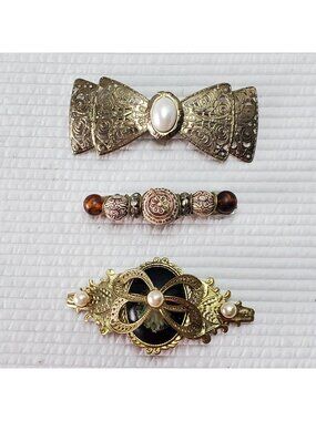 3 Vintage Hair Barrettes Bows Clips Metal Accessories 80s 90s Filigree Boho